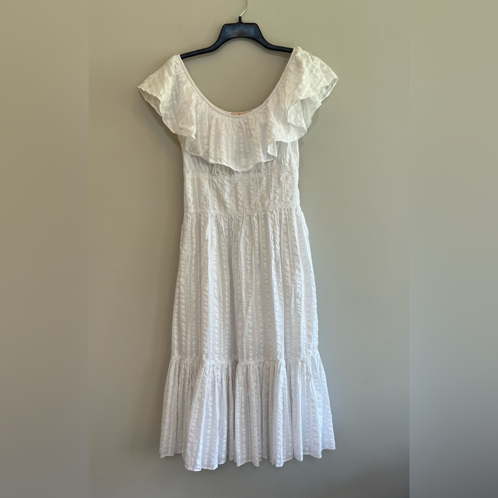 Tory Burch Off Shoulder White Cotton Seersucker Striped Ruffle Dress, size 2 - Picture 12 of 13